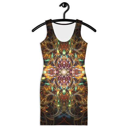 Model wearing the "Sigil of Valor" bodycon dress, front view, fractal mandala print.