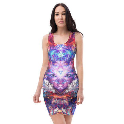Model wearing the "Lapis Philosophorum" bodycon dress, front view, alchemy print.