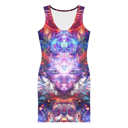 Close front view of the "Lapis Philosophorum" bodycon dress alchemy print.