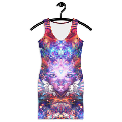 Front view of the "Lapis Philosophorum" bodycon dress with its alchemy print.