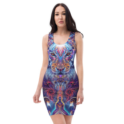 Front view of the "Empurrress" bodycon dress with its tiger print.