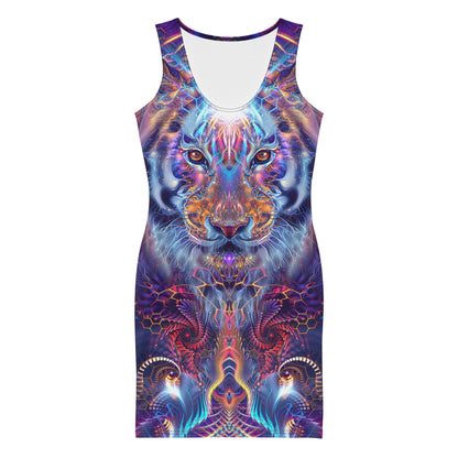 Model wearing the "Empurrress" bodycon dress, front view, tiger print.