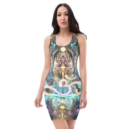 Front view of the "Density 432" bodycon dress with its om meditation print.