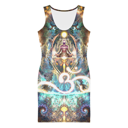 Close front view of the "Density 432" bodycon dress om meditation print.