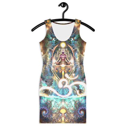 Model wearing the "Density 432" bodycon dress, front view, om meditation print.