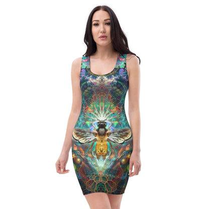 Close-up front view of the honeybee print on the "To Bee or Not to Bee" bodycon fitted dress.