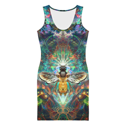Front view of the "To Bee or Not to Bee" bodycon fitted dress featuring a honeybee design.