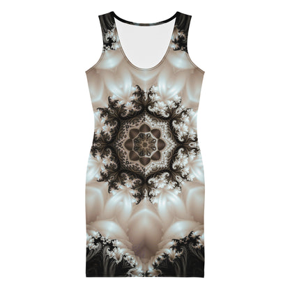 Close front view of the "Duality" bodycon dress black and white mandala print.