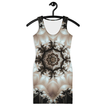 Model wearing the "Duality" bodycon dress, front view, black and white mandala print.