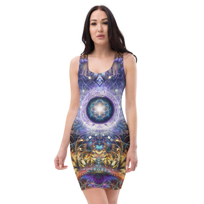 Front view of the "Immortal Truth" bodycon dress with its ouroboros print.
