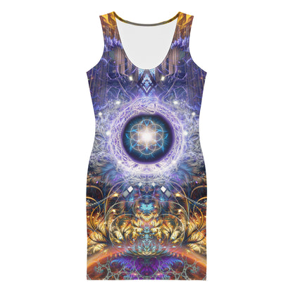 Model wearing the "Immortal Truth" bodycon dress, front view, ouroboros print.