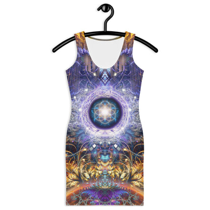Close front view of the "Immortal Truth" bodycon dress ouroboros print.