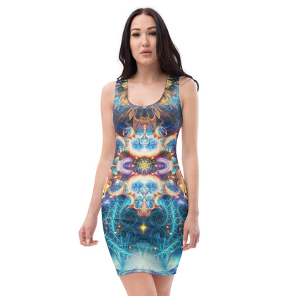 Front view of the Polaris bodycon fitted dress with an all-over print cosmic fantasy design.