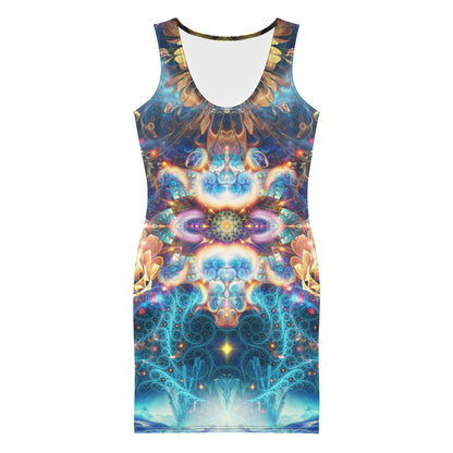 Front view of the Polaris bodycon fitted dress with an all-over print cosmic fantasy design.