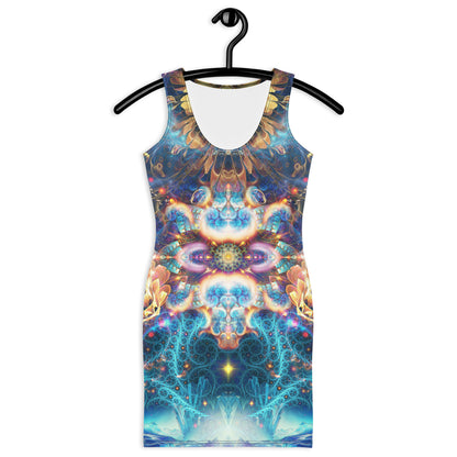 Front view of the Polaris bodycon fitted dress with an all-over print cosmic fantasy design.