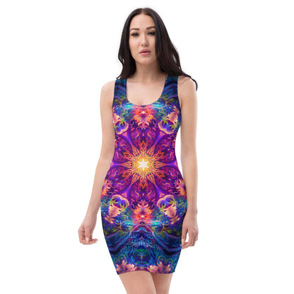 Front view of the Sacred Circle bodycon fitted dress with an all-over print mandala design.
