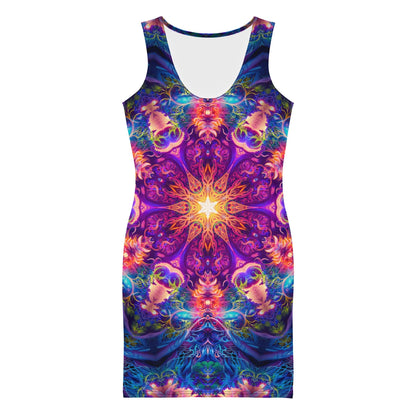 Front view of the Sacred Circle bodycon fitted dress with an all-over print mandala design.