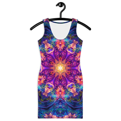 Front view of the Sacred Circle bodycon fitted dress with an all-over print mandala design.