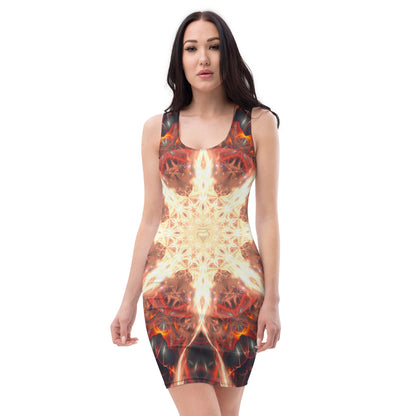Front view of the Muladhara bodycon fitted dress with an all-over print root chakra design.