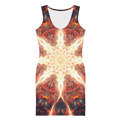 Front view of the Muladhara bodycon fitted dress with an all-over print root chakra design.