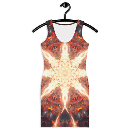 Front view of the Muladhara bodycon fitted dress with an all-over print root chakra design.