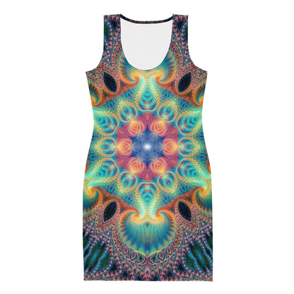 Free Your Mind bodycon fitted dress in white, front view of the psychedelic all-over print.