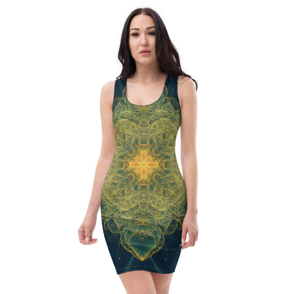 Front view of the Happy Thoughts bodycon fitted dress with an all-over print fairy dust mandala design.