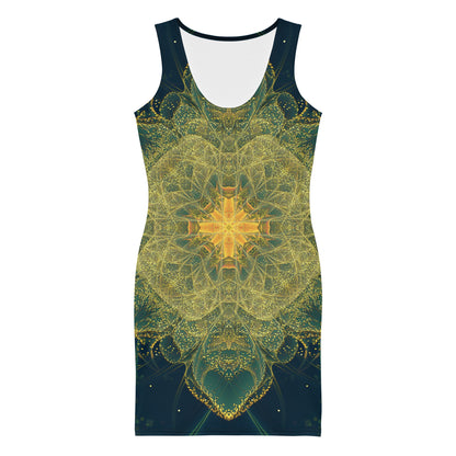 Front view of the Happy Thoughts bodycon fitted dress with an all-over print fairy dust mandala design.