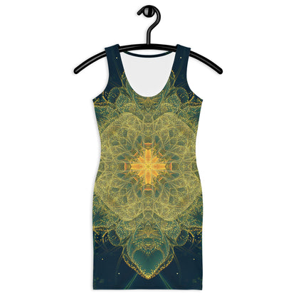 Front view of the Happy Thoughts bodycon fitted dress with an all-over print fairy dust mandala design.