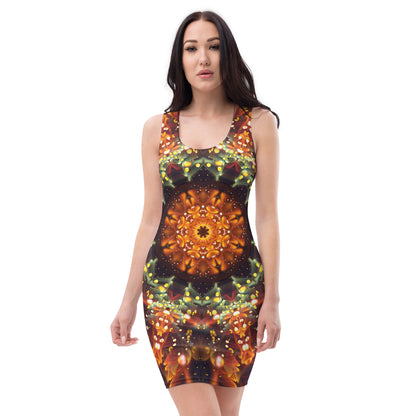 Front view of the Autumn Bloom bodycon fitted dress with an all-over print fractal mandala design.