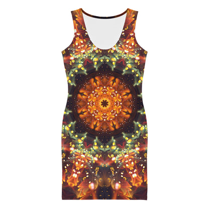 Front view of the Autumn Bloom bodycon fitted dress with an all-over print fractal mandala design.
