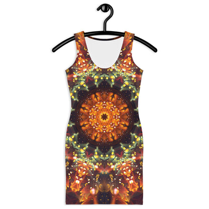 Front view of the Autumn Bloom bodycon fitted dress with an all-over print fractal mandala design.