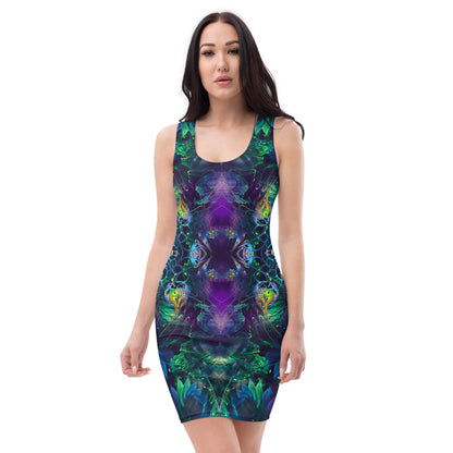 Close front view of the Awakened bodycon dress highlighting the jungle fractal mandala artwork.