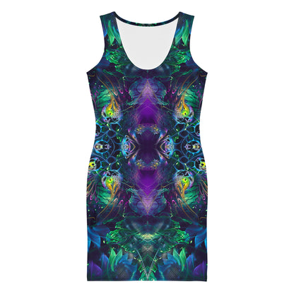 Front view of a model wearing the Awakened bodycon dress with its jungle fractal mandala print.