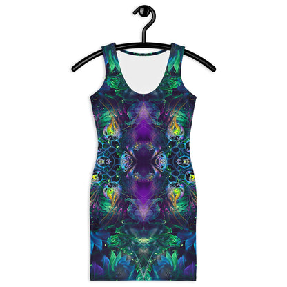 Second front view of the Awakened bodycon dress showing the fitted silhouette and jungle fractal print.