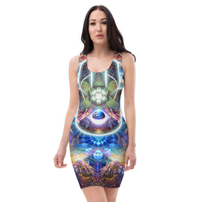 Second front view of the Divine Protection bodycon dress showing the fitted silhouette and hamsa print.