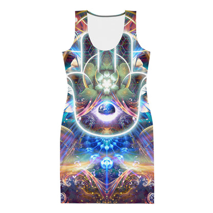 Front view of a model wearing the Divine Protection bodycon dress with its hamsa visionary art print.