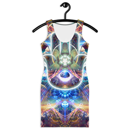 Close front view of the Divine Protection bodycon dress highlighting the hamsa artwork.