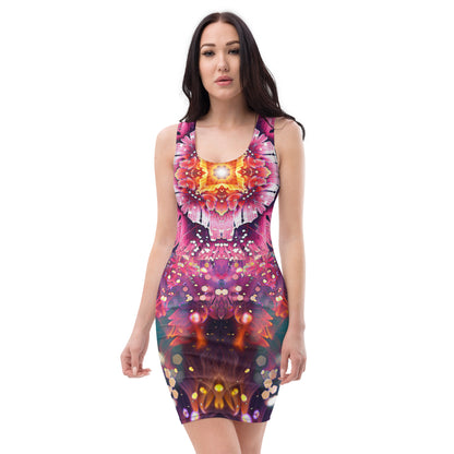 Front view of a model wearing the Endless Mallow bodycon dress with its flower mandala print.