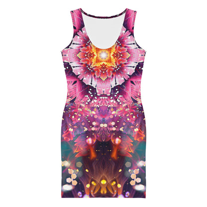 Close front view of the Endless Mallow bodycon dress highlighting the flower mandala artwork.