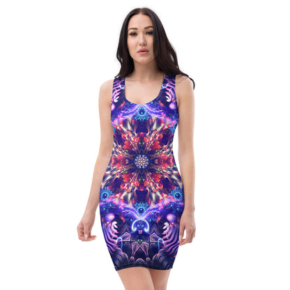 Front view of the Flow State bodycon fitted dress with an all-over print fractal mandala design.