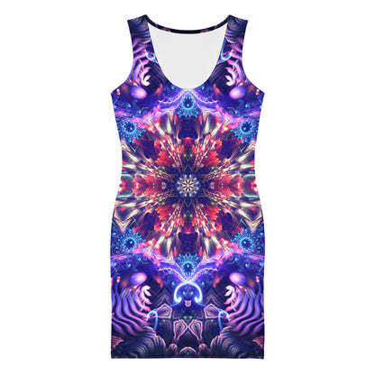 Front view of the Flow State bodycon fitted dress with an all-over print fractal mandala design.
