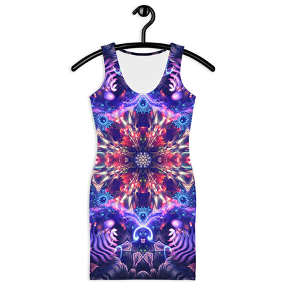 Front view of the Flow State bodycon fitted dress with an all-over print fractal mandala design.