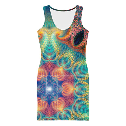 Front view of the Free Your Mind bodycon fitted dress with an all-over print Fibonacci spiral design.