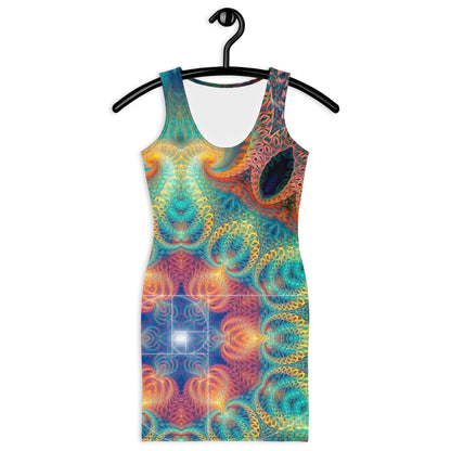 Front view of the Free Your Mind bodycon fitted dress with an all-over print Fibonacci spiral design.