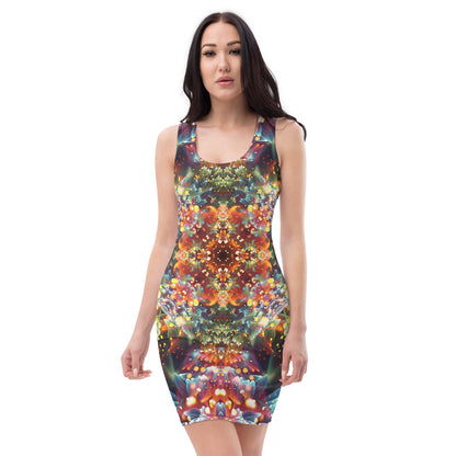 Front view of the Kaleidobloom bodycon fitted dress with an all-over print fractal mandala design.