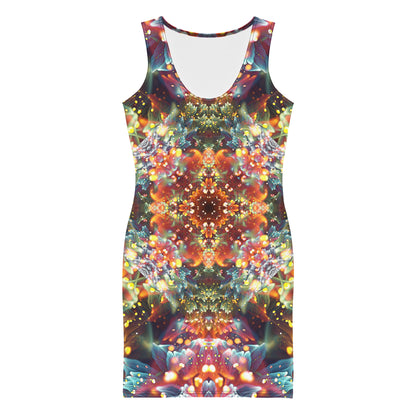 Front view of the Kaleidobloom bodycon fitted dress with an all-over print fractal mandala design.