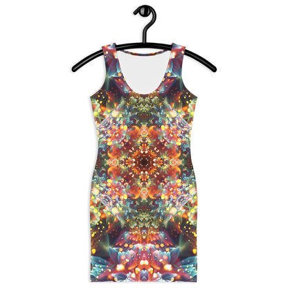 Front view of the Kaleidobloom bodycon fitted dress with an all-over print fractal mandala design.
