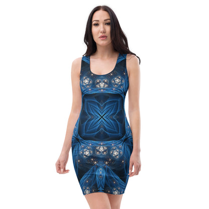 Second front view of the Inner Sanctum bodycon dress showing the fitted silhouette and stained-glass print.