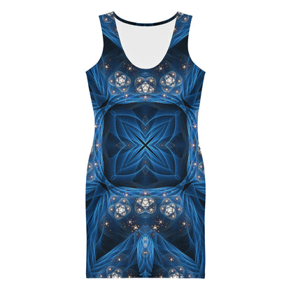 Front view of a model wearing the Inner Sanctum bodycon dress with its fractal stained-glass print.